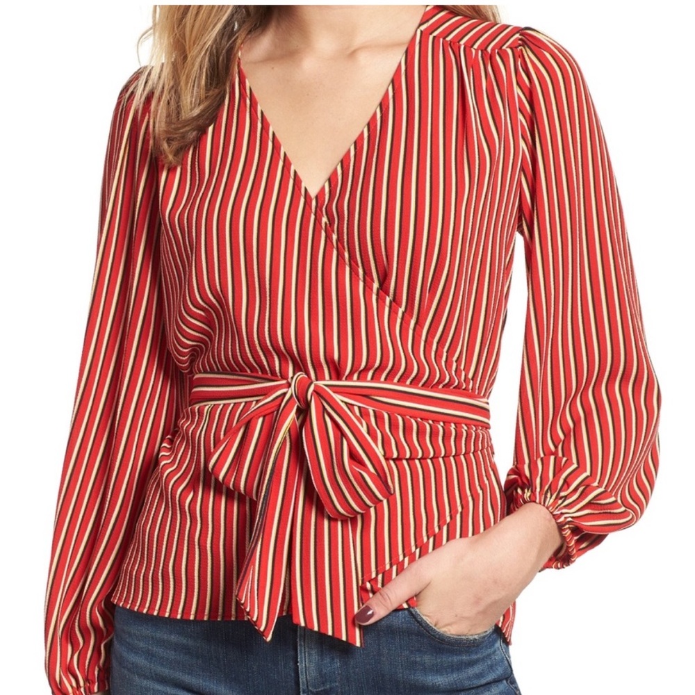Hinge Red and White Striped Wrap Blouse